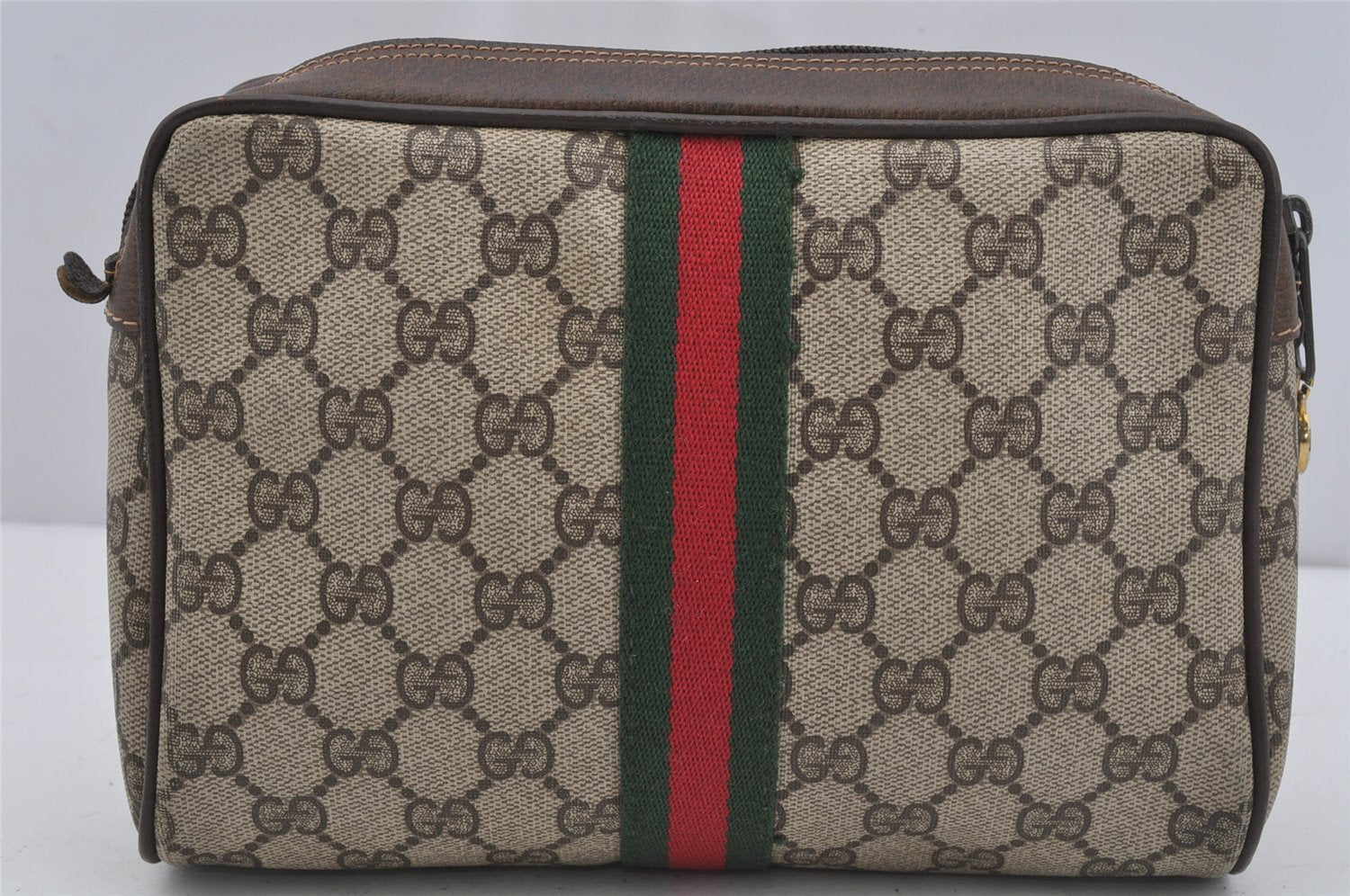 Authentic GUCCI Web Sherry Line Clutch Hand Bag GG PVC Leather Brown Junk 4243J