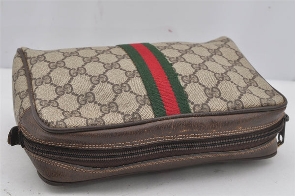 Authentic GUCCI Web Sherry Line Clutch Hand Bag GG PVC Leather Brown Junk 4243J