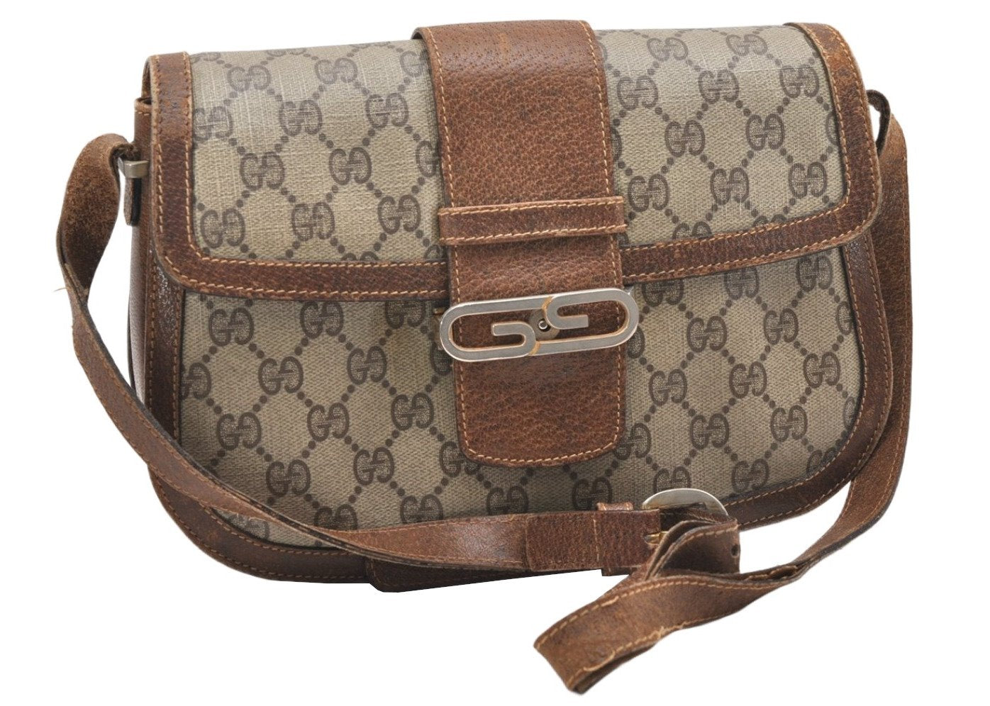 Authentic GUCCI Vintage Shoulder Cross Body Bag Purse GG PVC Leather Brown 4246K