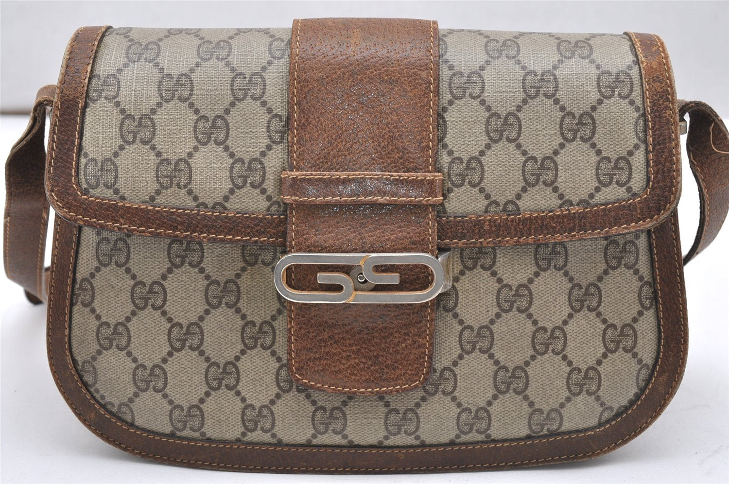 Authentic GUCCI Vintage Shoulder Cross Body Bag Purse GG PVC Leather Brown 4246K