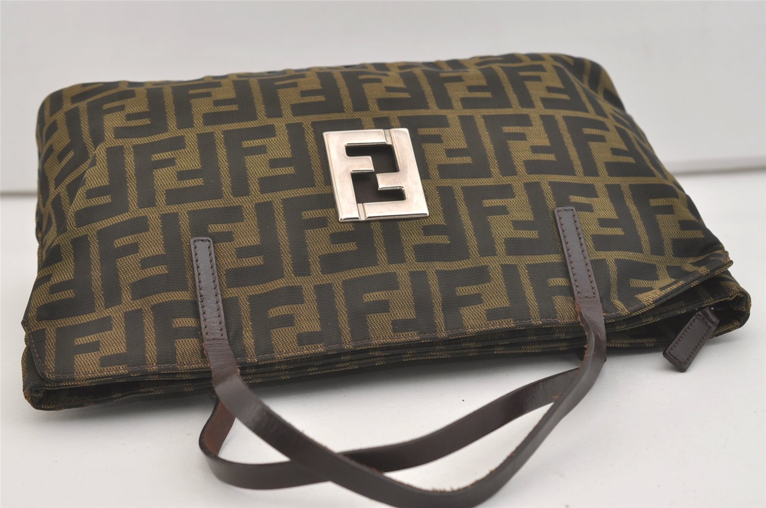 Authentic FENDI Vintage Zucca Hand Tote Bag Purse Canvas Leather Brown 4251J