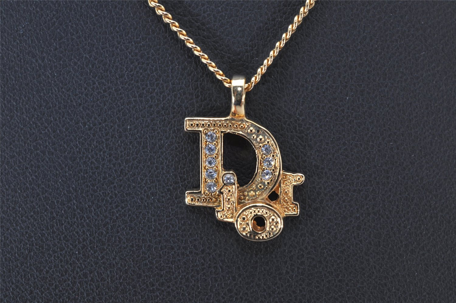 Auth Christian Dior Gold Tone Rhinestone Chain Pendant Necklace CD Box 4251K