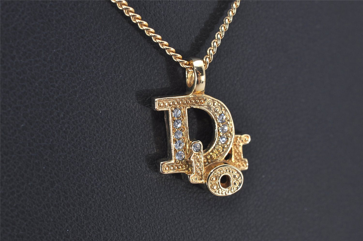 Auth Christian Dior Gold Tone Rhinestone Chain Pendant Necklace CD Box 4251K