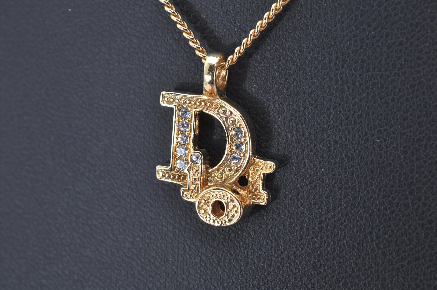 Auth Christian Dior Gold Tone Rhinestone Chain Pendant Necklace CD Box 4251K