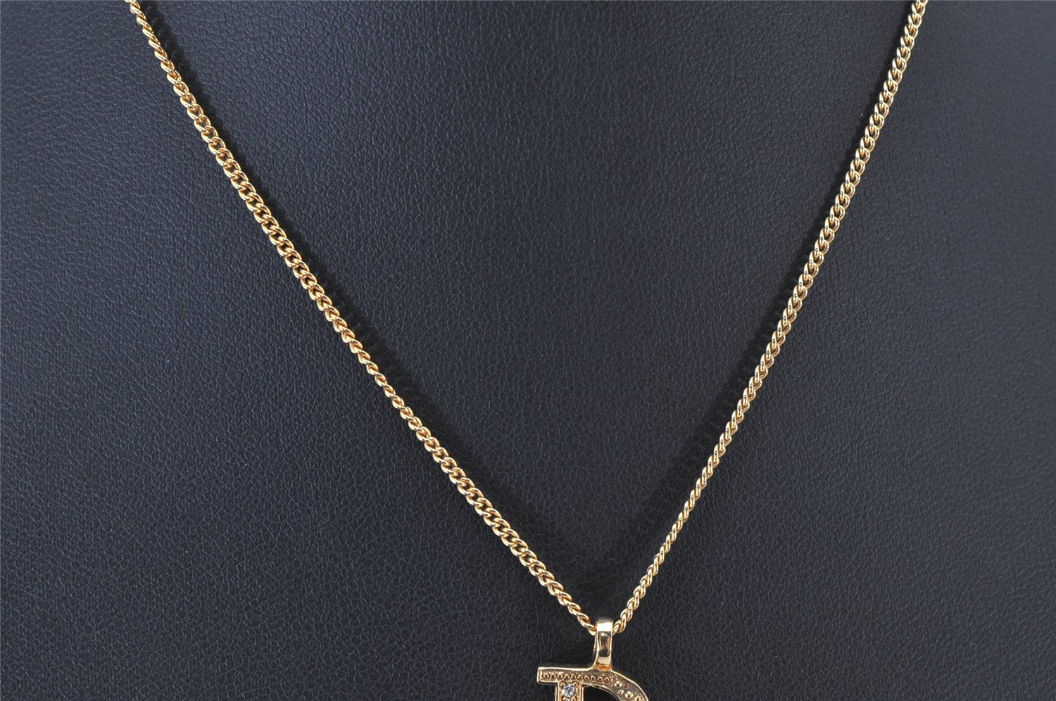 Auth Christian Dior Gold Tone Rhinestone Chain Pendant Necklace CD Box 4251K