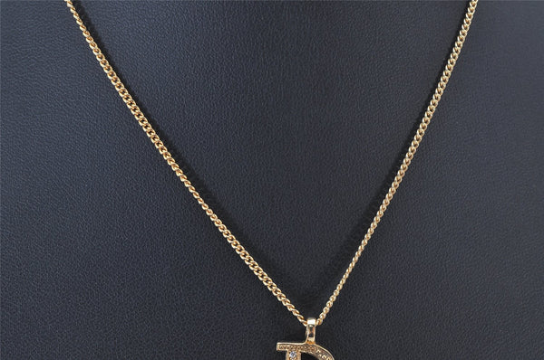 Auth Christian Dior Gold Tone Rhinestone Chain Pendant Necklace CD Box 4251K