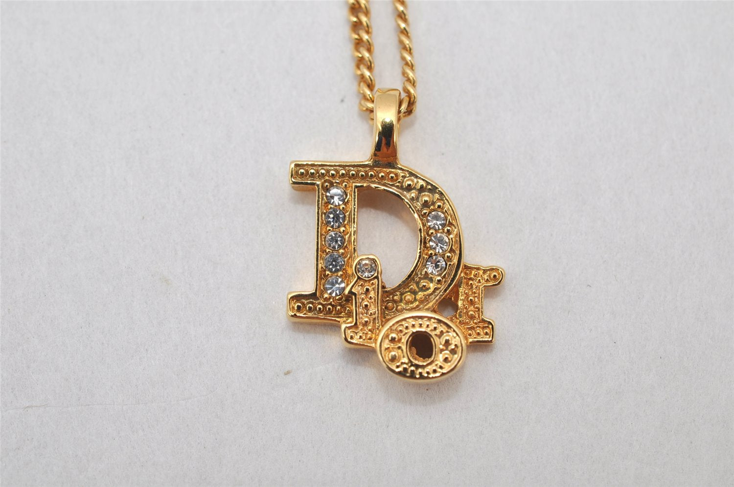 Auth Christian Dior Gold Tone Rhinestone Chain Pendant Necklace CD Box 4251K