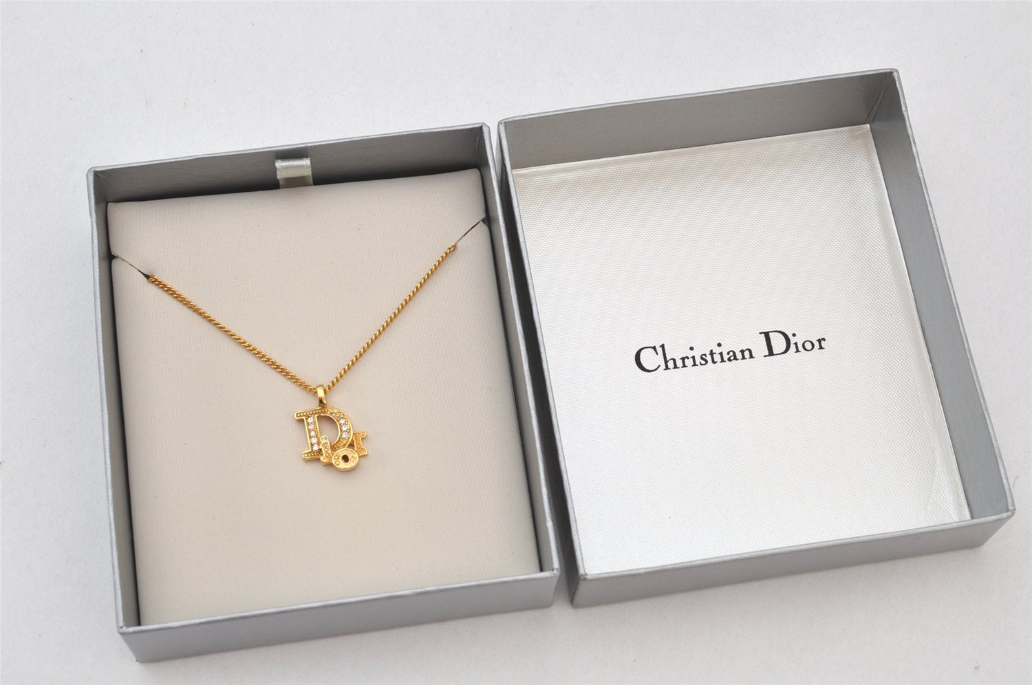 Auth Christian Dior Gold Tone Rhinestone Chain Pendant Necklace CD Box 4251K