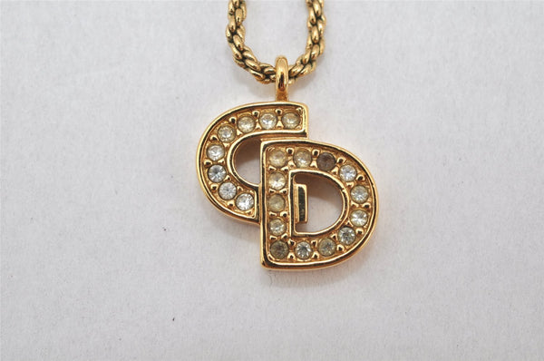 Authentic Christian Dior Gold Tone Chain Rhinestone Pendant Necklace CD 4254K