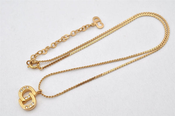 Authentic Christian Dior Gold Tone Rhinestone Chain Pendant Necklace CD 4256K