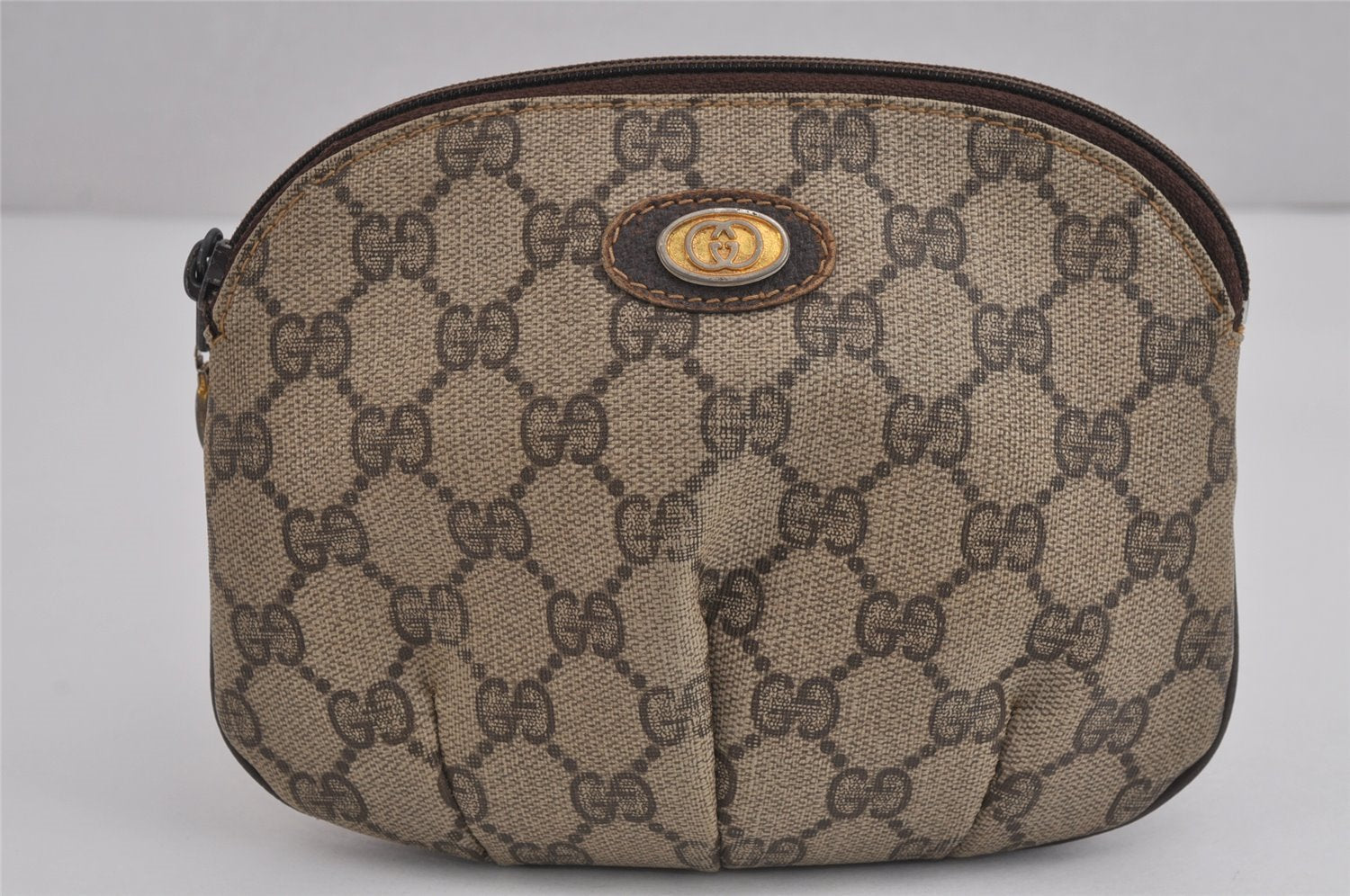 Authentic GUCCI Vintage Pouch Purse GG PVC Leather Brown 4259J