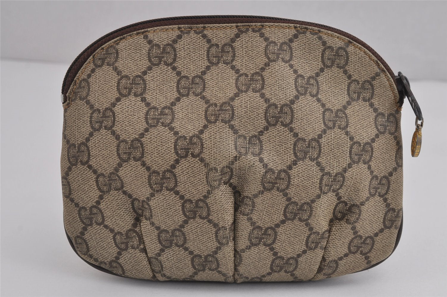 Authentic GUCCI Vintage Pouch Purse GG PVC Leather Brown 4259J