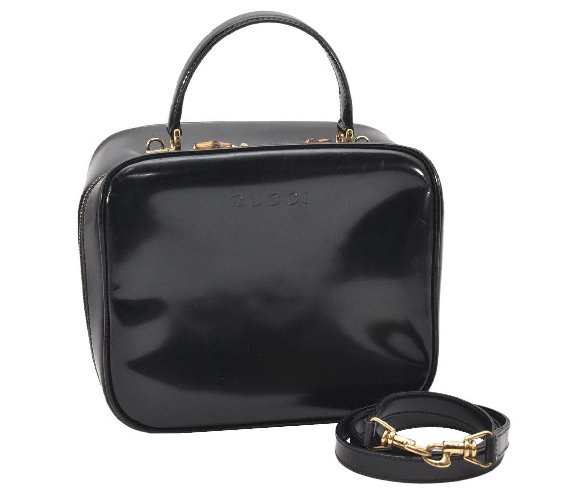 Authentic GUCCI Bamboo 2way Hand Shoulder Bag Purse Enamel Black Junk 4259K