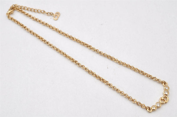 Auth Christian Dior Gold Tone Rhinestone Chain Pendant Necklace CD Box 4261K