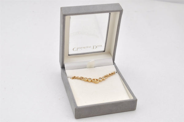 Auth Christian Dior Gold Tone Rhinestone Chain Pendant Necklace CD Box 4261K