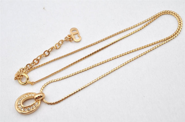 Authentic Christian Dior Gold Tone Rhinestone Chain Pendant Necklace Box 4262K