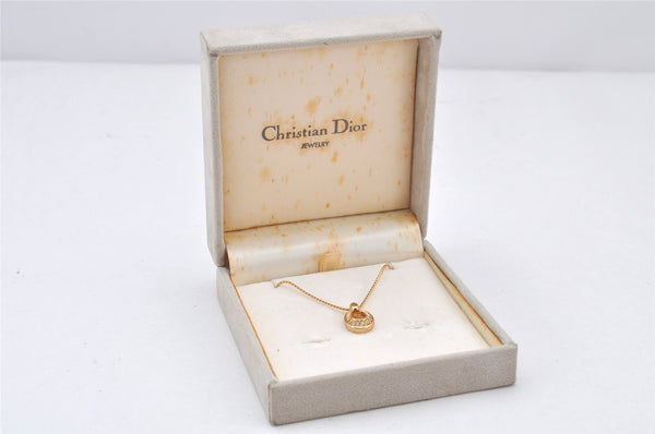 Authentic Christian Dior Gold Tone Rhinestone Chain Pendant Necklace Box 4262K