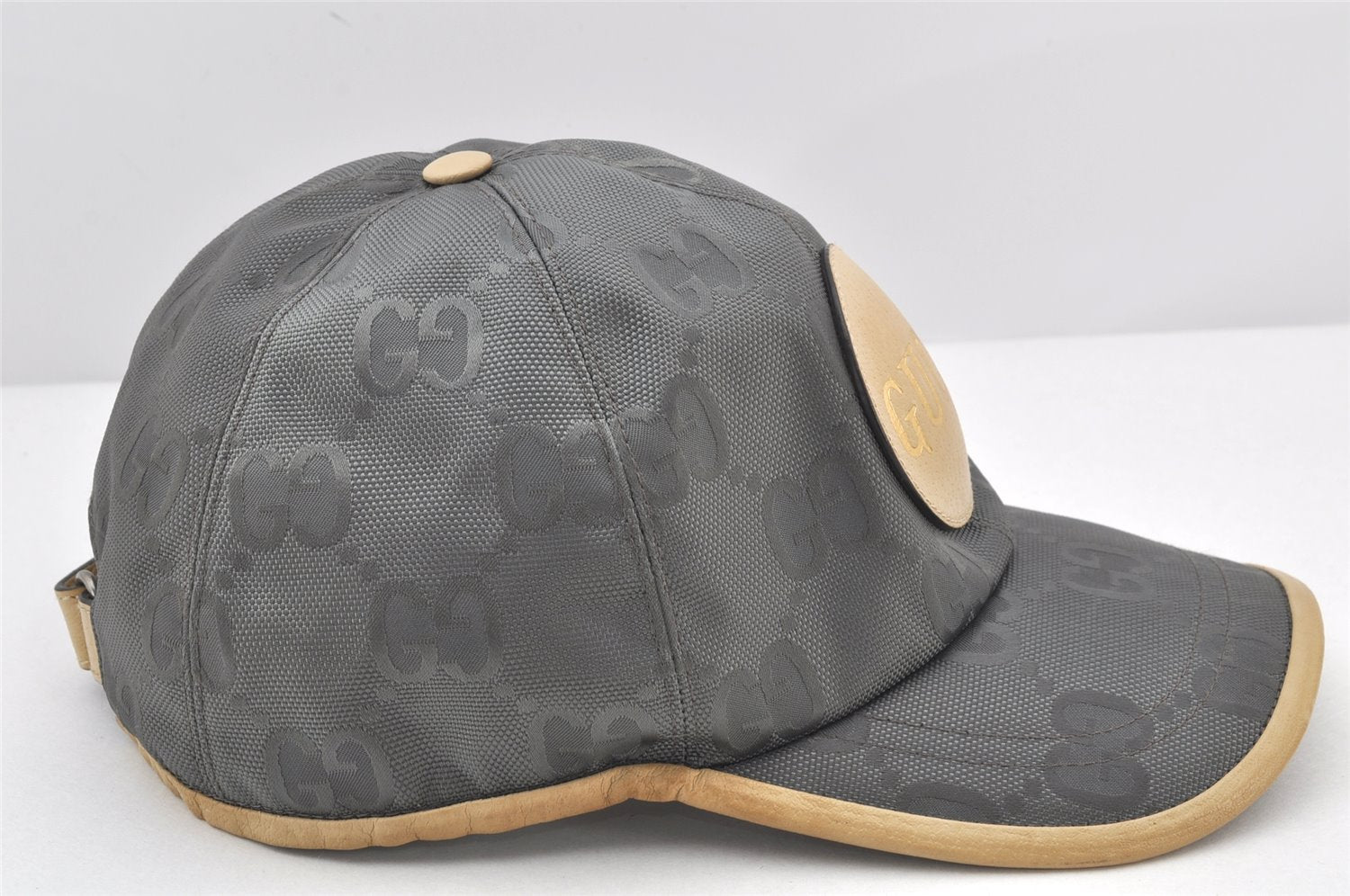 Authentic GUCCI OFF THE GLID Cap GG Nylon Leather Size L 627114 Gray 4267K