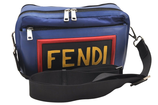 Authentic FENDI Vocabulary Shoulder Cross Body Bag Purse Leather Blue 4268K