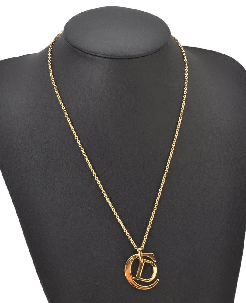 Authentic Christian Dior Gold Tone Chain Pendant Necklace CD Box 4273K