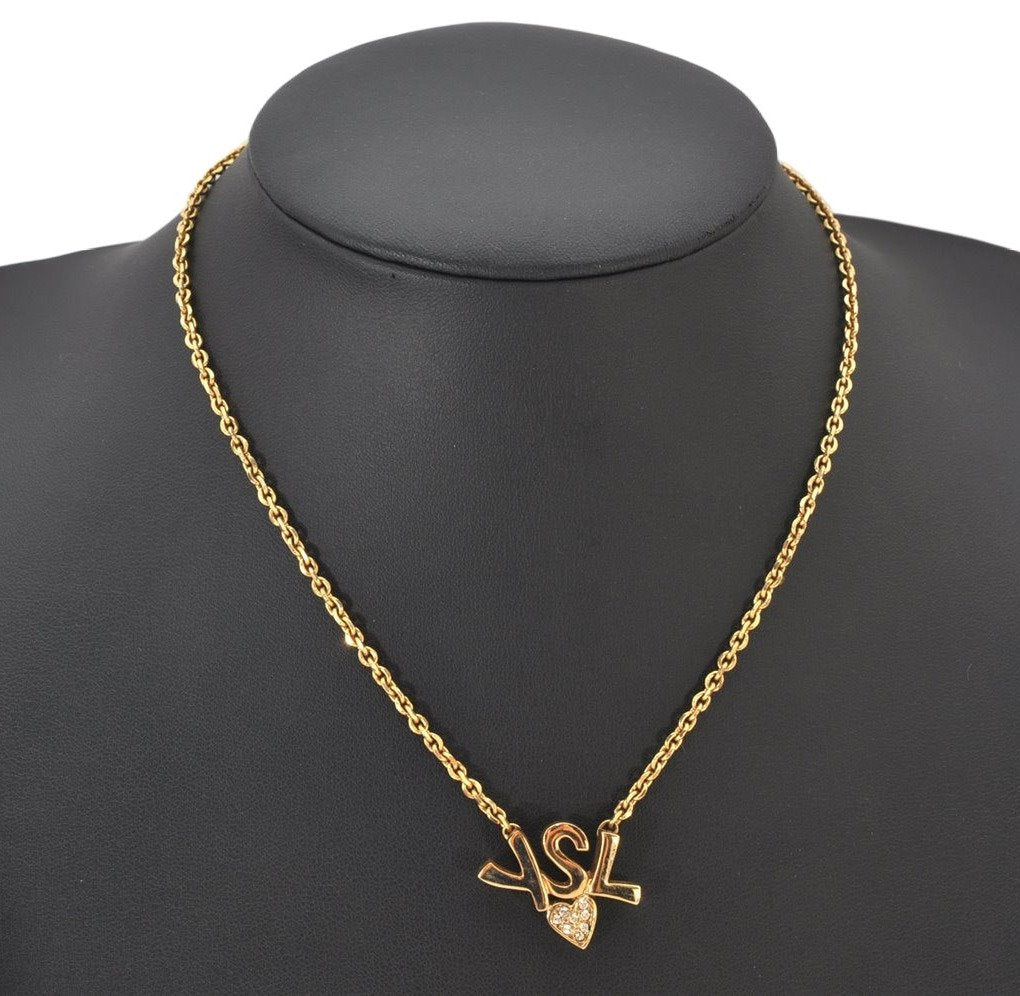 Authentic YVES SAINT LAURENT Rhinestone Necklace Chain Pendant Gold 4275K