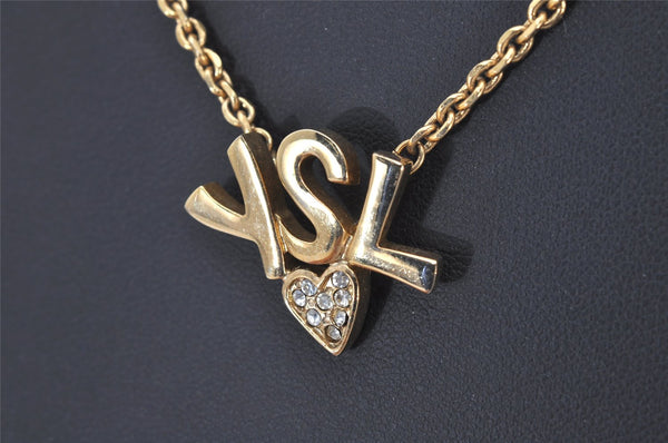 Authentic YVES SAINT LAURENT Rhinestone Necklace Chain Pendant Gold 4275K