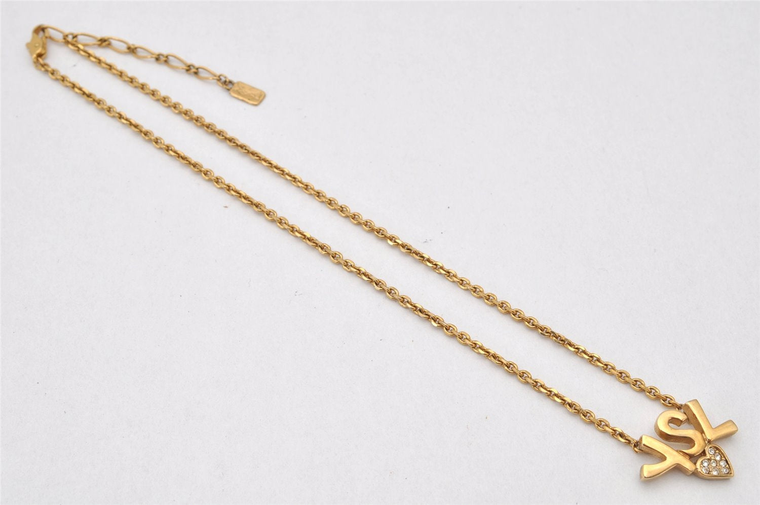 Authentic YVES SAINT LAURENT Rhinestone Necklace Chain Pendant Gold 4275K