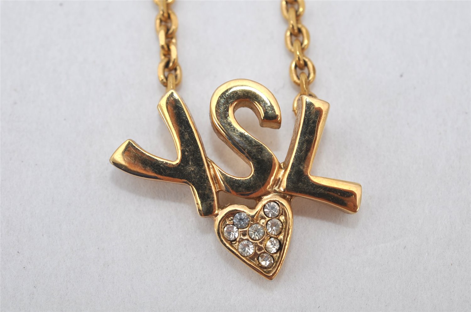 Authentic YVES SAINT LAURENT Rhinestone Necklace Chain Pendant Gold 4275K