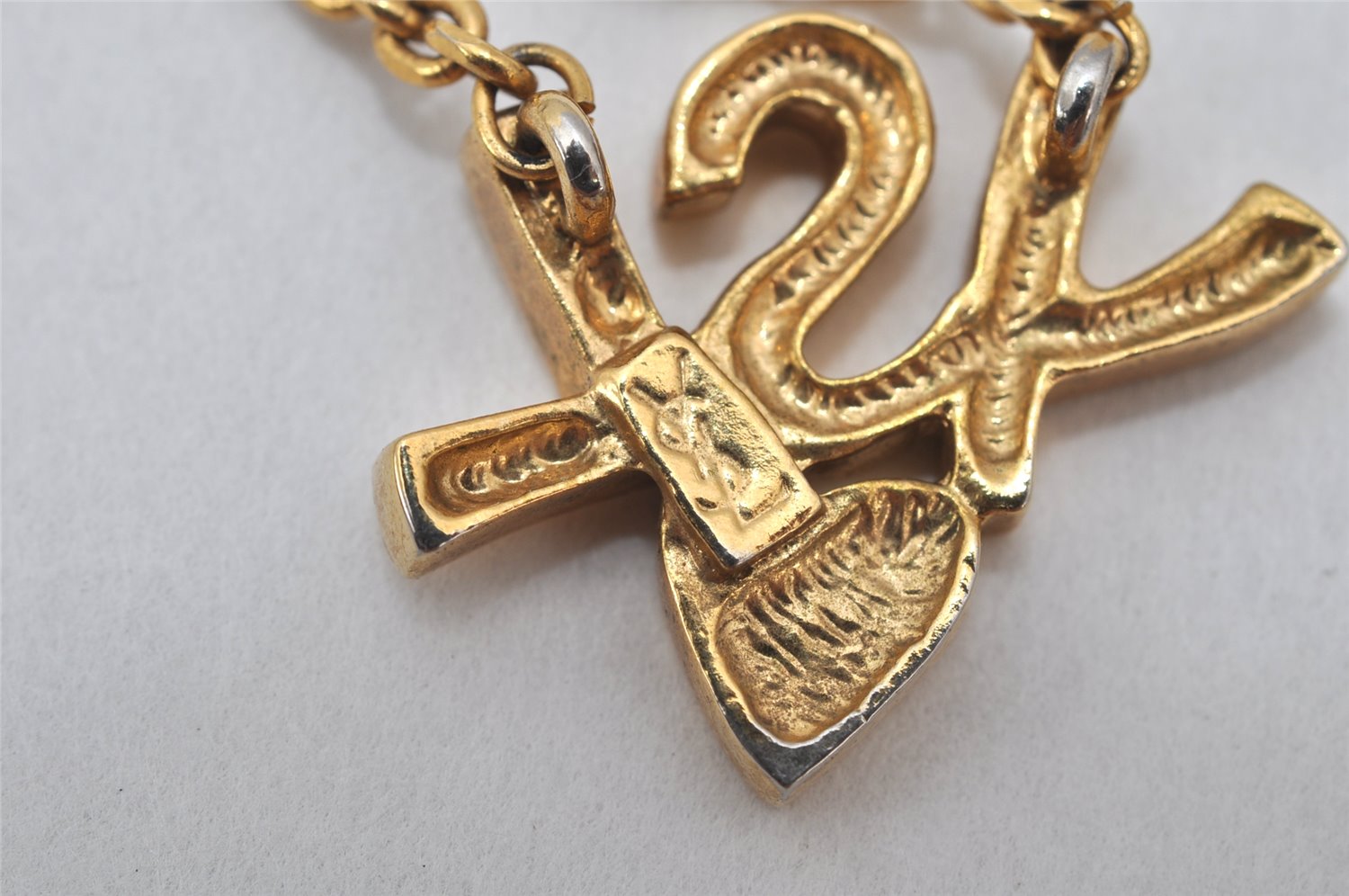 Authentic YVES SAINT LAURENT Rhinestone Necklace Chain Pendant Gold 4275K