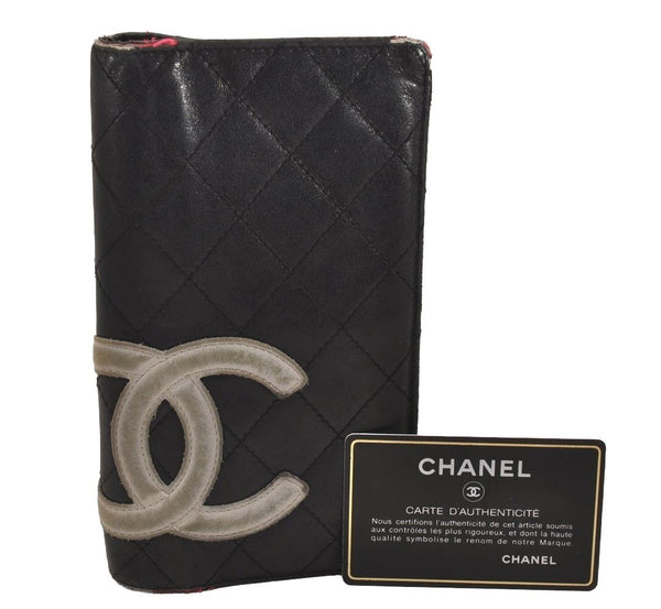 Authentic CHANEL Calf Skin Cambon Line CC Logo Bifold Long Wallet Black 4277J