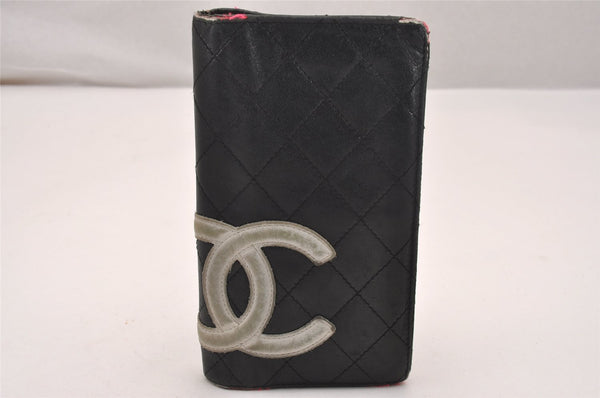 Authentic CHANEL Calf Skin Cambon Line CC Logo Bifold Long Wallet Black 4277J