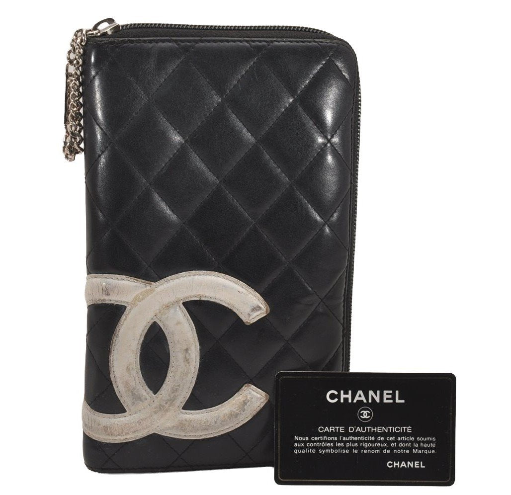 Authentic CHANEL Calf Skin Cambon Line Zippy Organizer Wallet Purse Black 4278J