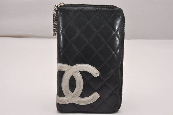 Authentic CHANEL Calf Skin Cambon Line Zippy Organizer Wallet Purse Black 4278J