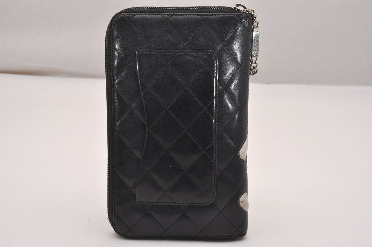 Authentic CHANEL Calf Skin Cambon Line Zippy Organizer Wallet Purse Black 4278J