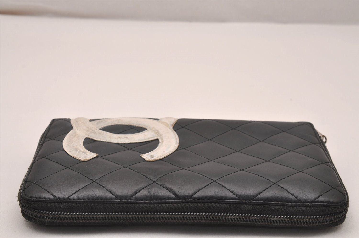 Authentic CHANEL Calf Skin Cambon Line Zippy Organizer Wallet Purse Black 4278J