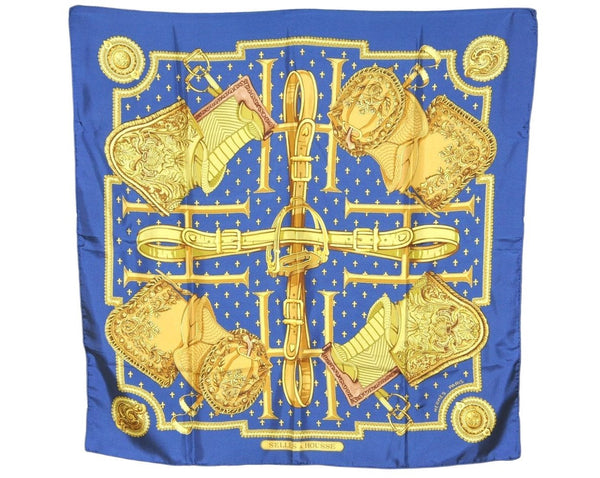 Authentic HERMES Carre 90 Scarf "SELLES A HOUSSE" Silk Navy 4278K