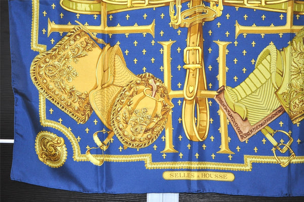 Authentic HERMES Carre 90 Scarf "SELLES A HOUSSE" Silk Navy 4278K