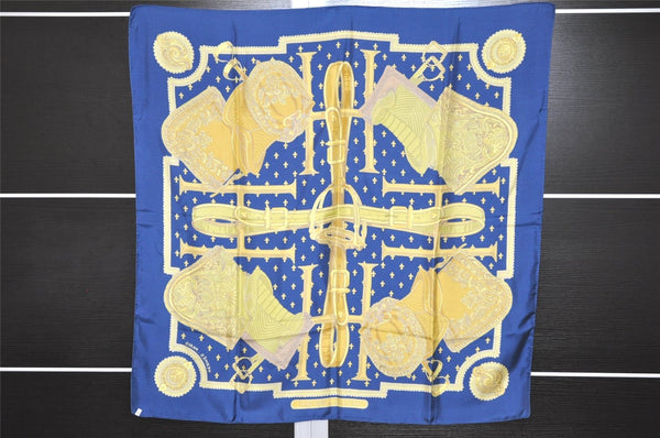 Authentic HERMES Carre 90 Scarf "SELLES A HOUSSE" Silk Navy 4278K