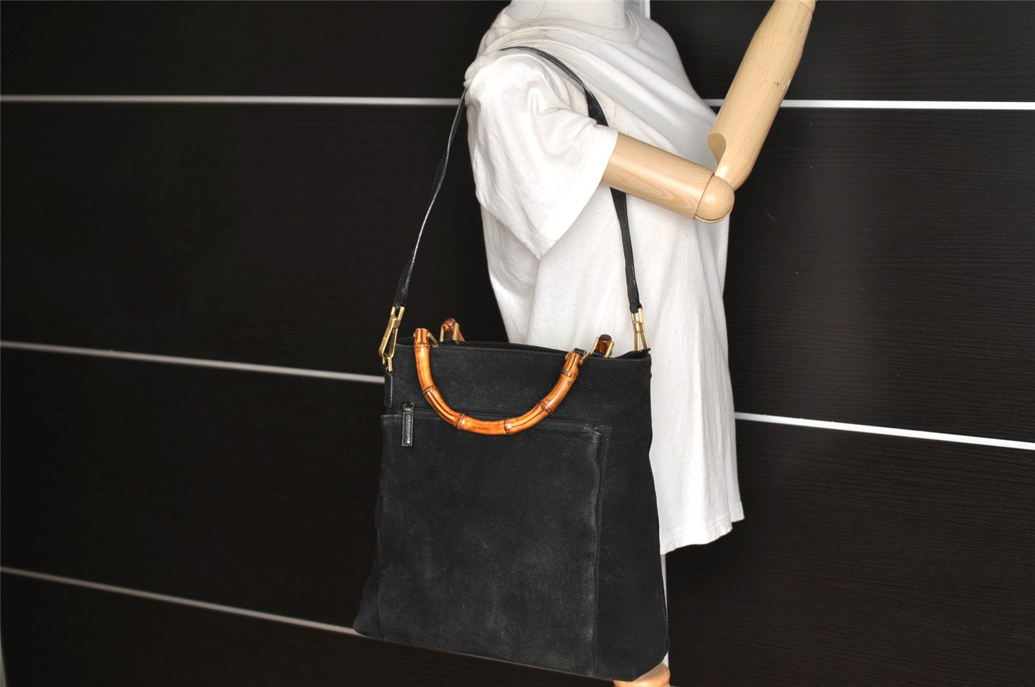 Authentic GUCCI Bamboo 2Way Shoulder Tote Bag Suede Leather Black 4281K