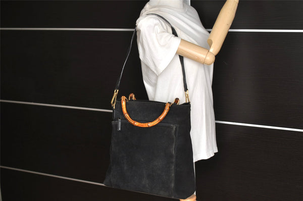Authentic GUCCI Bamboo 2Way Shoulder Tote Bag Suede Leather Black 4281K