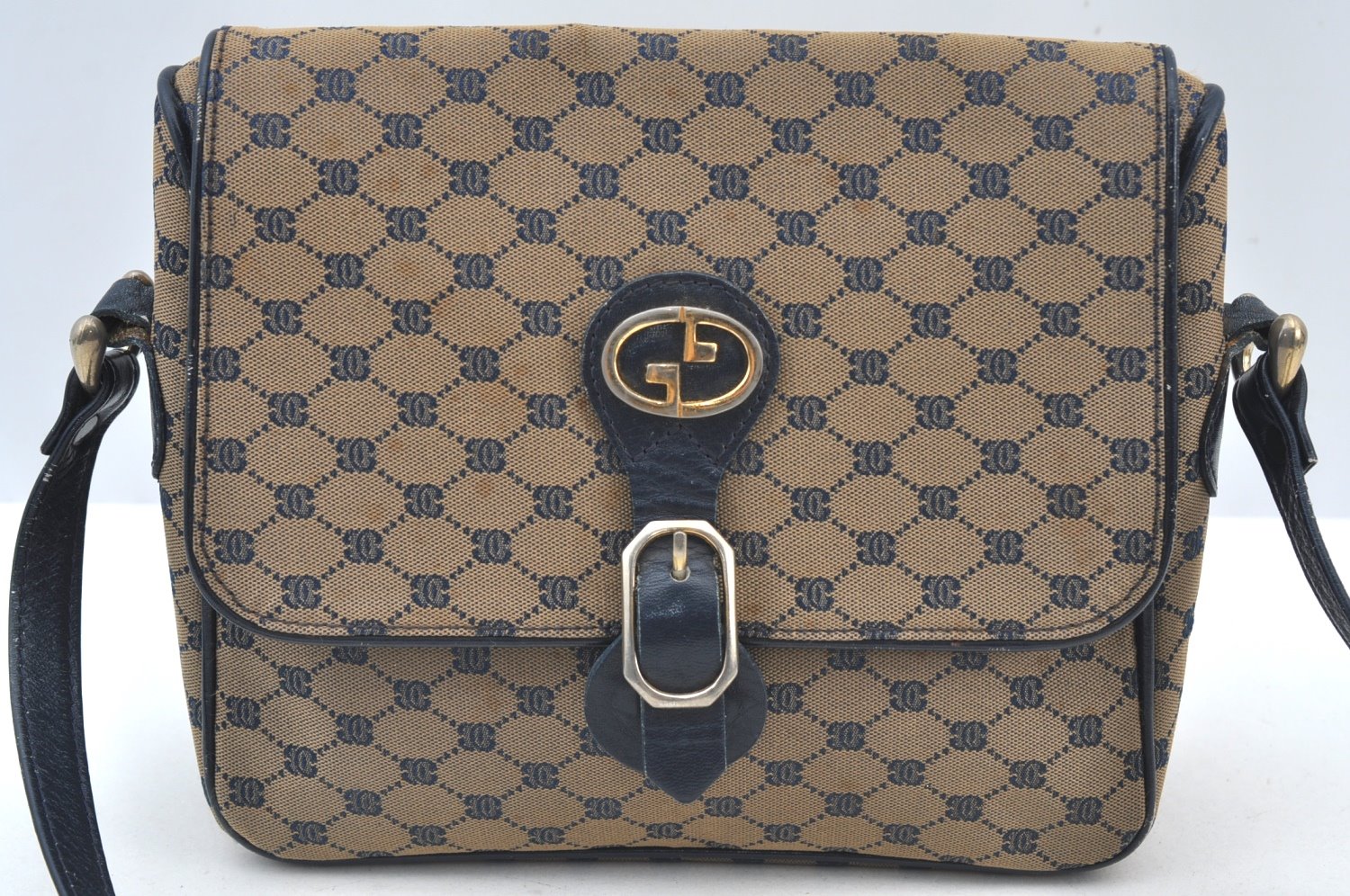 Authentic GUCCI Vintage Shoulder Cross Body Bag Purse Canvas Leather Navy 4284H