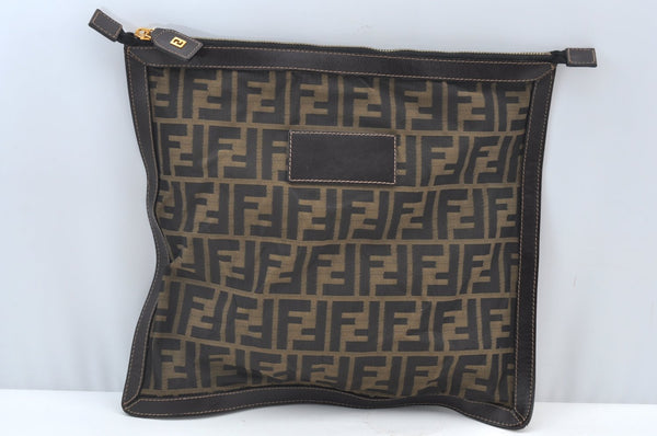 Authentic FENDI Vintage Zucca Clutch Hand Bag Purse Nylon Leather Brown 4285J