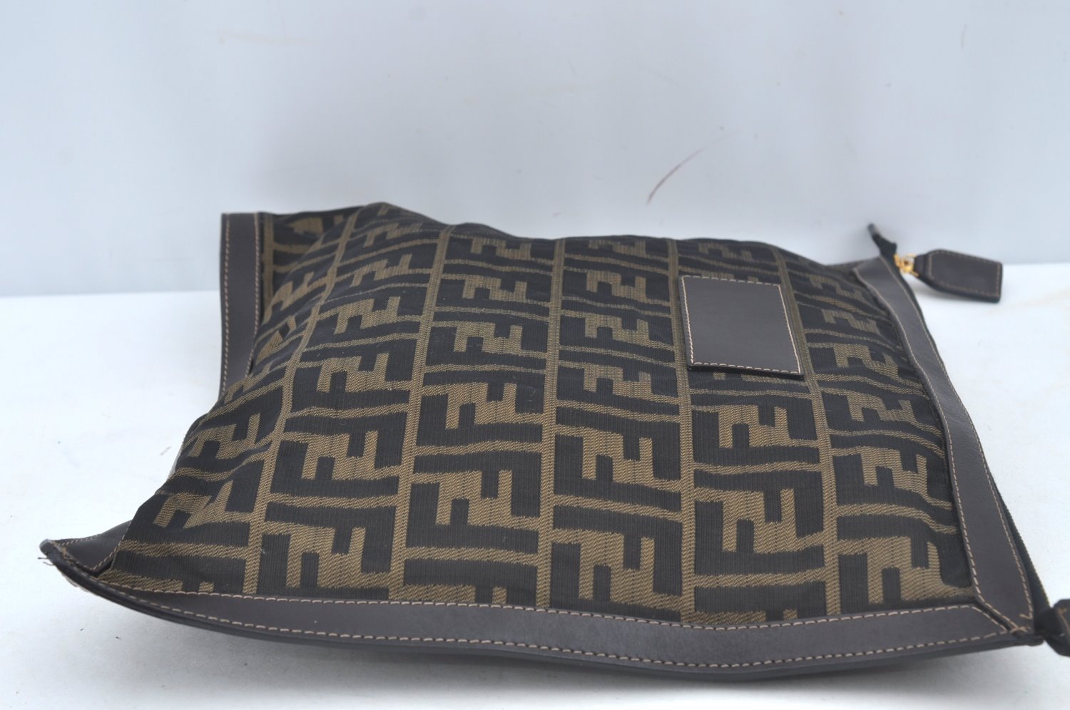 Authentic FENDI Vintage Zucca Clutch Hand Bag Purse Nylon Leather Brown 4285J