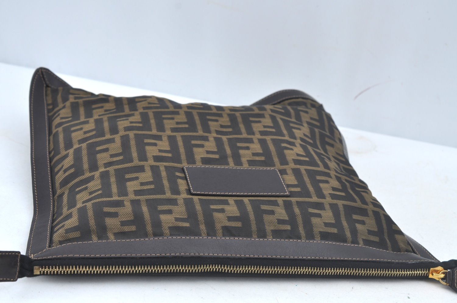 Authentic FENDI Vintage Zucca Clutch Hand Bag Purse Nylon Leather Brown 4285J