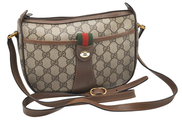 Authentic GUCCI Web Sherry Line Shoulder Bag GG PVC Leather Brown Junk 4285K