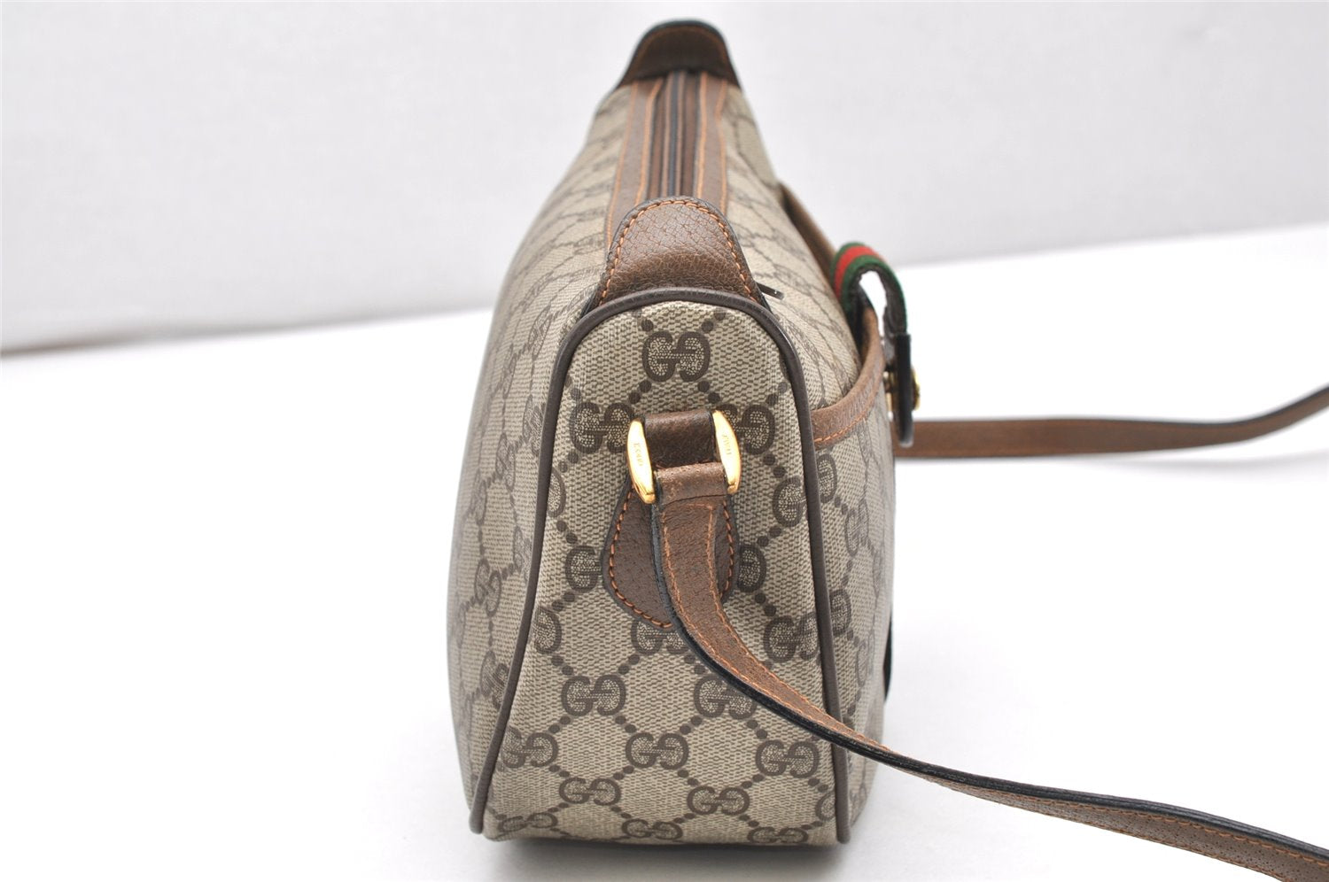 Authentic GUCCI Web Sherry Line Shoulder Bag GG PVC Leather Brown Junk 4285K