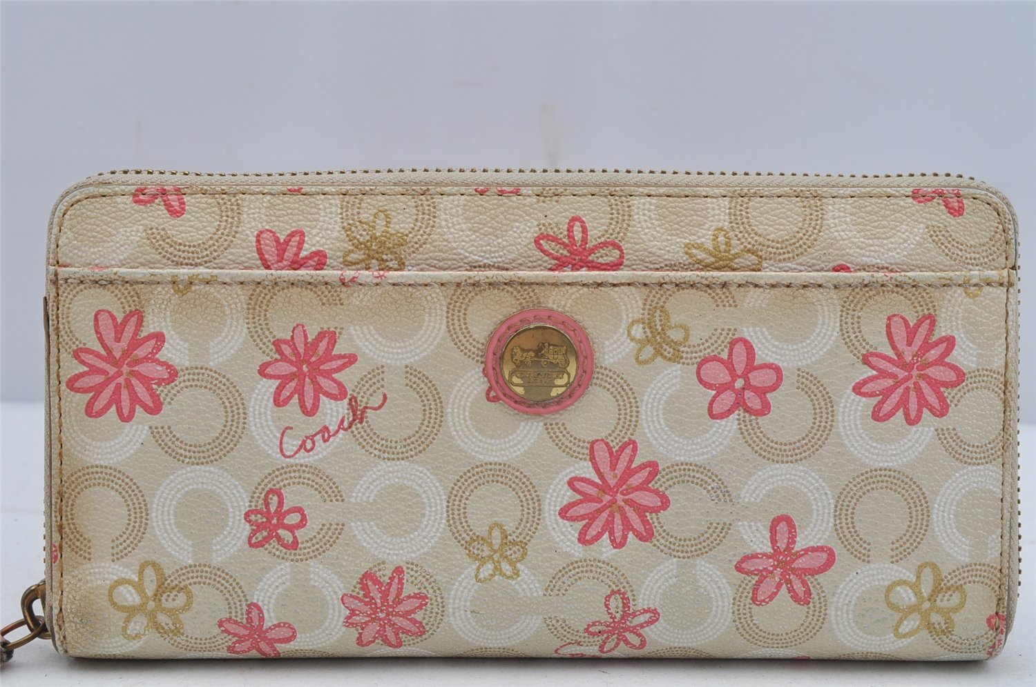 Authentic COACH Madison Dotted Op Art Long Wallet Purse PVC Leather Beige 4288J