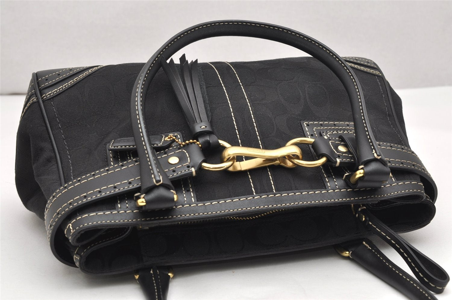 Authentic COACH Signature Shoulder Hand Bag Canvas Leather 10507 Black 4288K