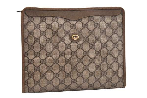Authentic GUCCI Vintage Clutch Hand Bag Purse GG PVC Leather Brown 4290K