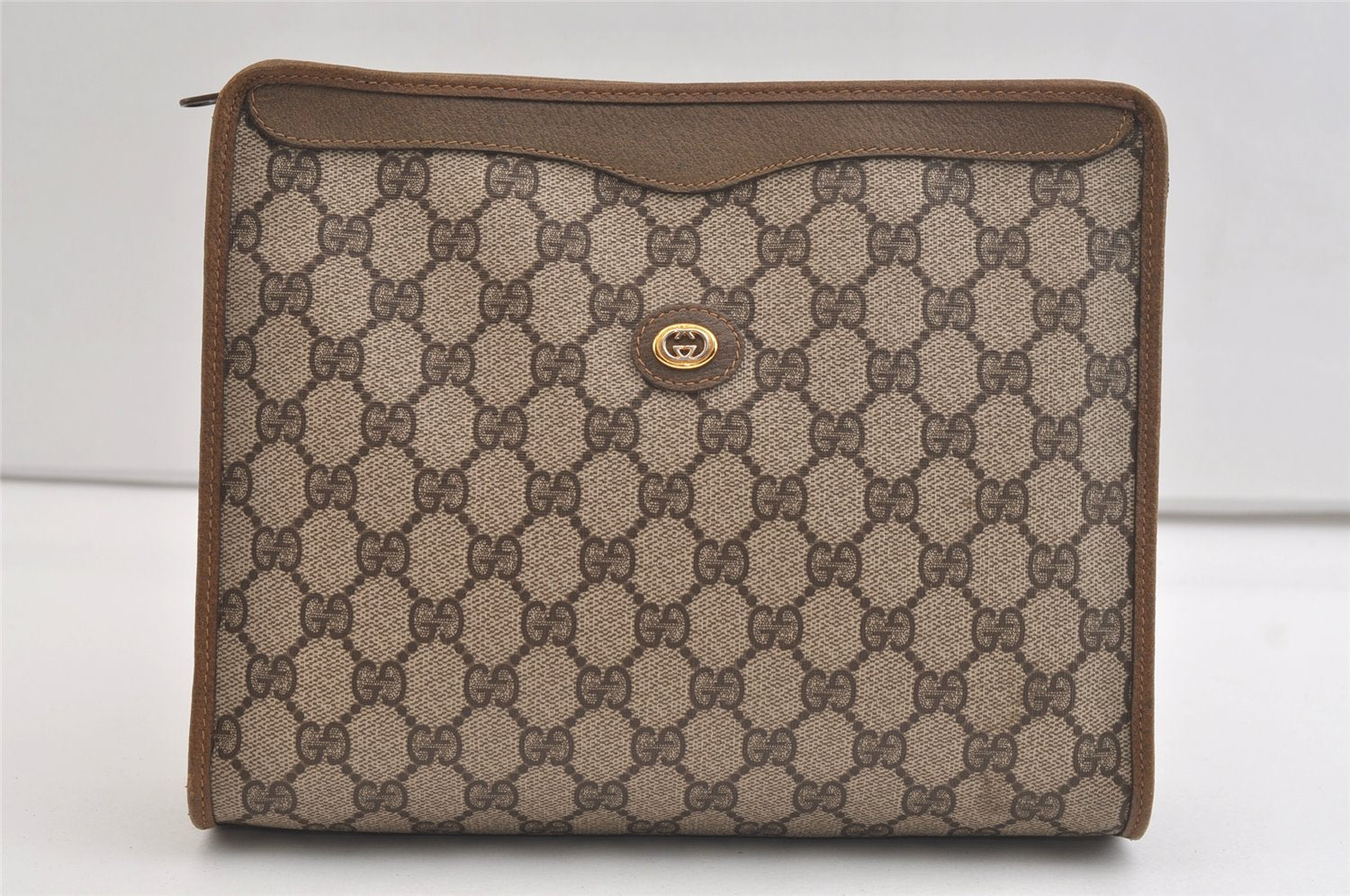 Authentic GUCCI Vintage Clutch Hand Bag Purse GG PVC Leather Brown 4290K